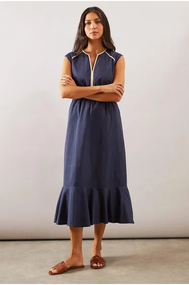 Cotton Contrast Binding Midi Dress