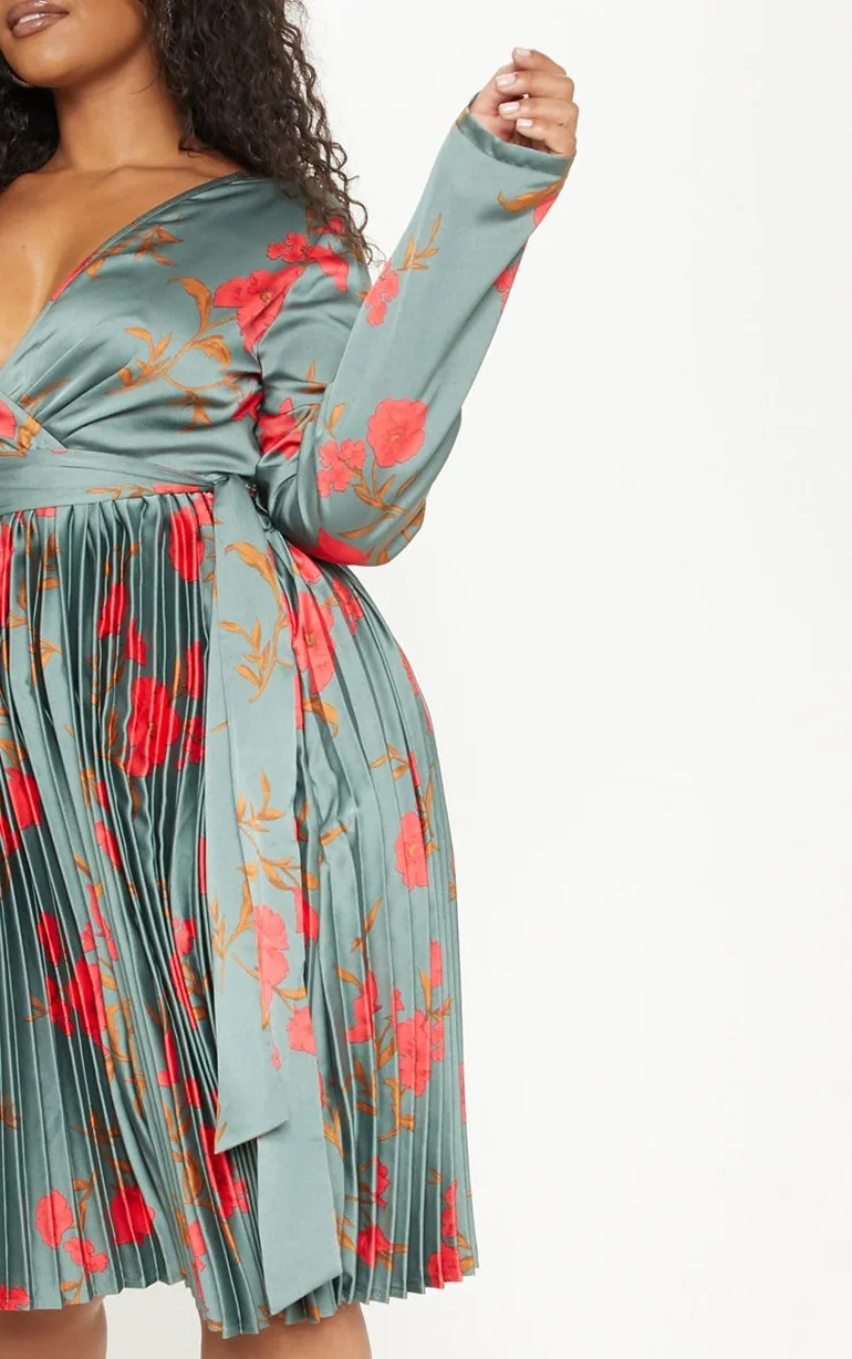 Plus Emerald Green Floral Print Long Sleeve Pleated Midi Dress - 4