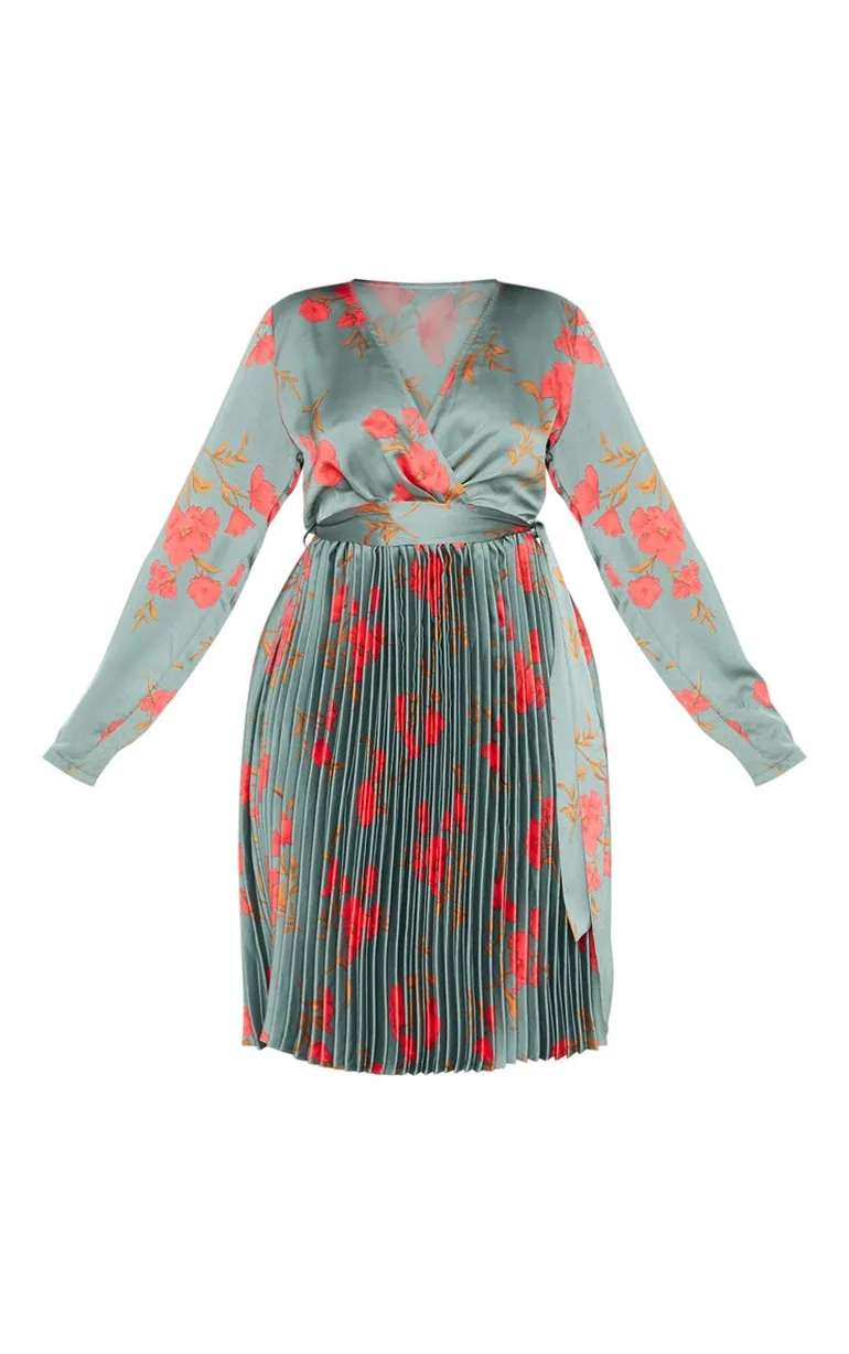 Plus Emerald Green Floral Print Long Sleeve Pleated Midi Dress - 2