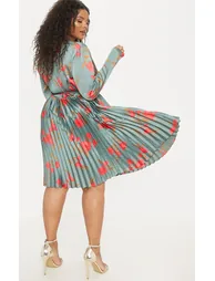 Plus Emerald Green Floral Print Long Sleeve Pleated Midi Dress - 1
