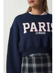 Women's Navy Blue Printed Raised Crop Knitted Sweatshirt - 3