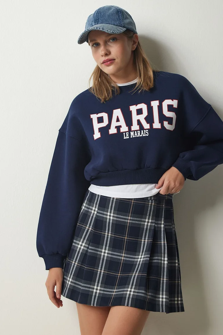 Women's Navy Blue Printed Raised Crop Knitted Sweatshirt
