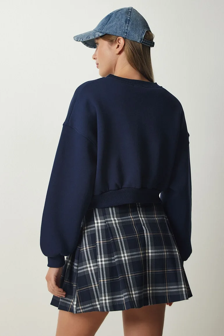 Women's Navy Blue Printed Raised Crop Knitted Sweatshirt - 2
