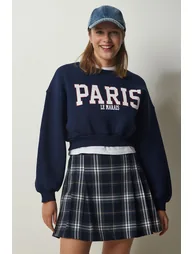 Women's Navy Blue Printed Raised Crop Knitted Sweatshirt - 1