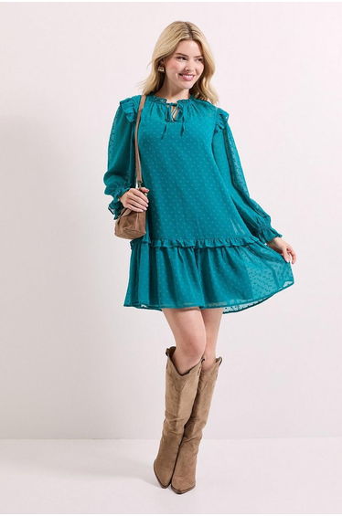 Tiered Hem Tie Neck Shift Dress