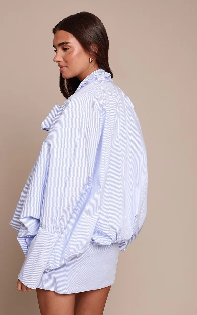 Blue Pinstripe Tie Detail Slouchy Shirt Dress - 2