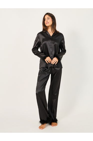 Faux Feather Trim Buttoned Shirt and Pyjama Set