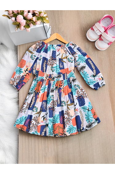 All-Over Print Cotton Dress with Smocked Waist