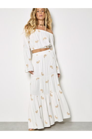 Paisley Embroidery Linen Blend Tiered Maxi Skirt