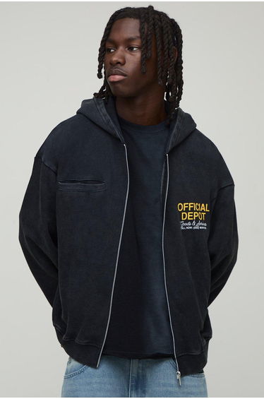 Black Oversized Boxy Loopback Official Washed Zip Through Hoodie - black