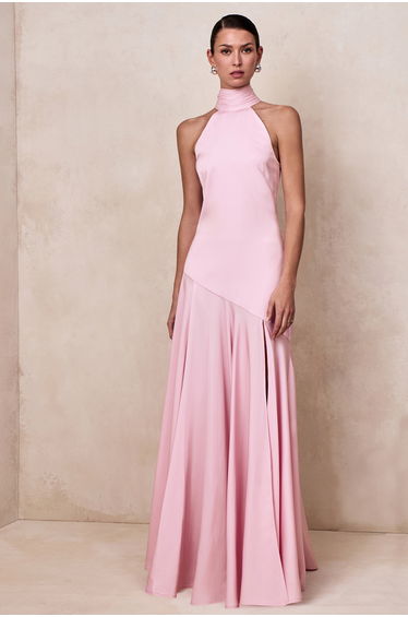 Luscious | Light Pink High-Neck Maxi Dress With Drop-Waist And Bow Detail
