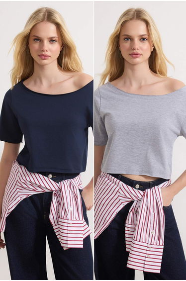 Navy Blue-Grey Melange 2-Pack 100% Cotton Asymmetric Boat Neck Crop Knitted T-Shirt
