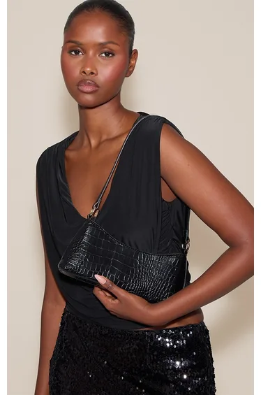Black Croc PU Shoulder Bag