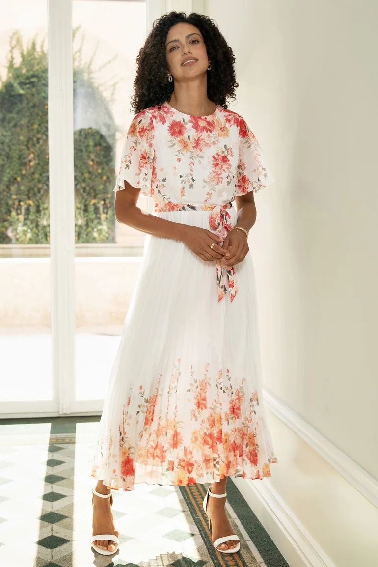 Yumi White Mirror Floral Design Pleated Midi Dress - 2