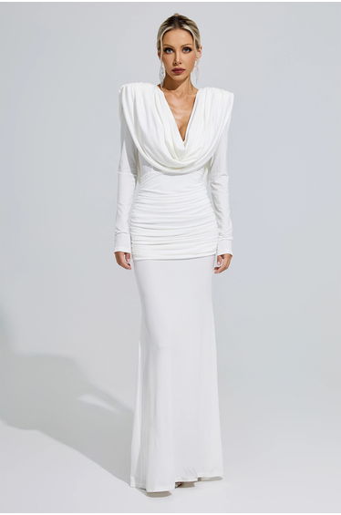 Clintock White Draped Evening Dress
