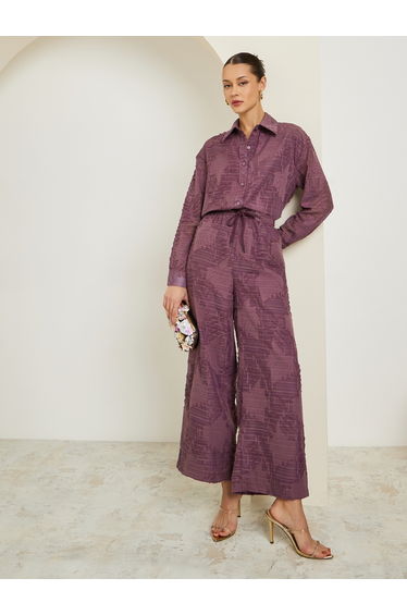 Women Purple Jacquard Longline Shirt with Matching Trousers