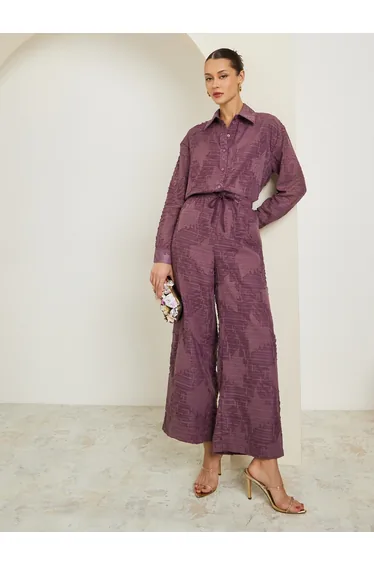 Women Purple Jacquard Longline Shirt with Matching Trousers