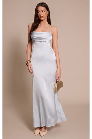 Silver Satin Cup Detail Strappy Maxi Dress