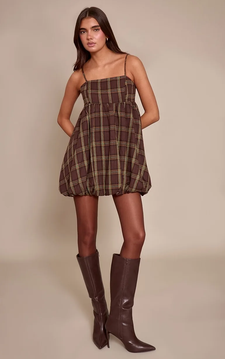 brown puffball dress Square Neck Double Puffball Mini Dress In Chocolate Brown | EGO US