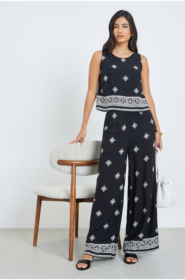Black Printed Sleeveless Top and Pants Co-ords