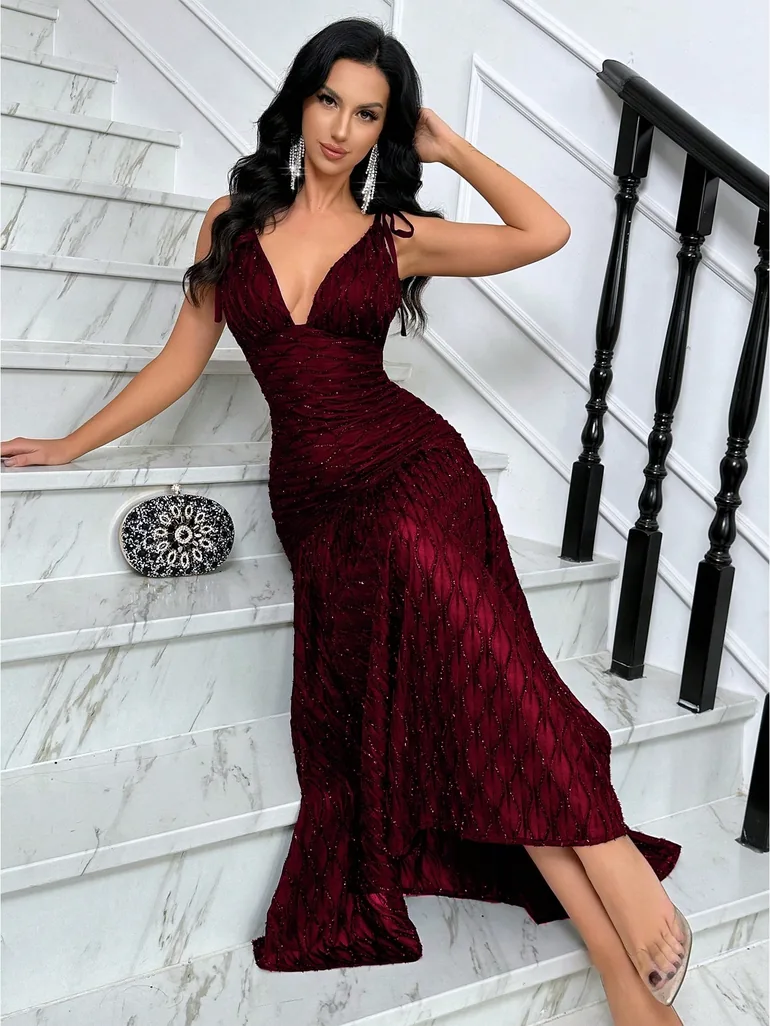 QOQ Red Sequin Open Back Maxi Evening Dress - 3