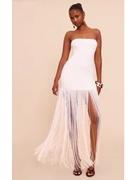 Cream Soft Touch Bandeau Fringe Maxi Dress