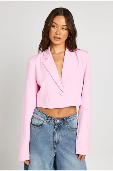 Tall Basic Woven Relaxed Fit Crop Blazer - baby pink