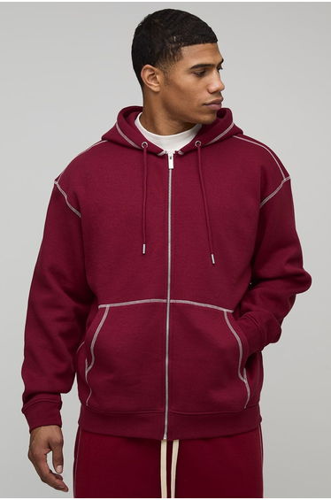 Oversized Contrast Stitch Zip Through Hoodie - burgundy
