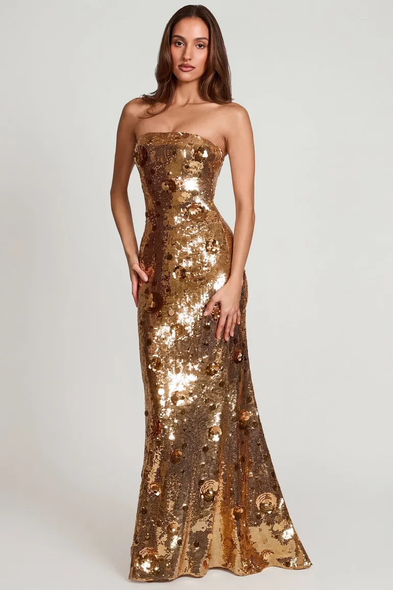 goddiva bandeau sequin embellished maxi dress in gold Scallop Bandeau Sequin Mesh Maxi Dress - Black Gold