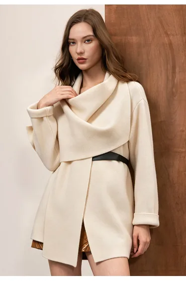 Wrap Scarf-Collar Open Front Knit Coat in Ivory