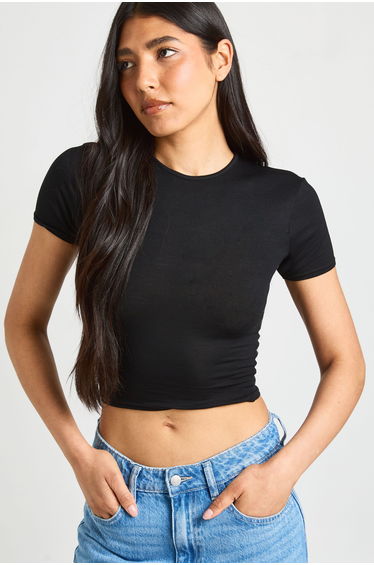 Tall Basic Short Sleeve Crew Neck Crop Top - black