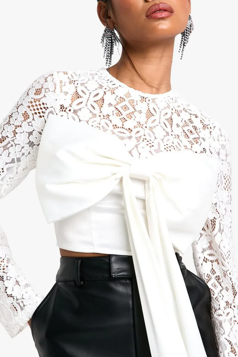 Lace And Satin Mix Bow Detail Crop Top - 3