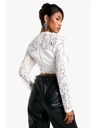 Lace And Satin Mix Bow Detail Crop Top - 1