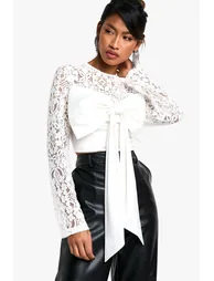 Lace And Satin Mix Bow Detail Crop Top - 2
