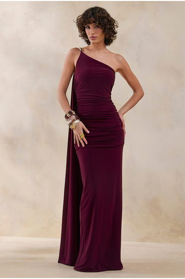 Bettine | Burgundy Asymmetric-Neck Maxi Dress With Cape-Sleeve