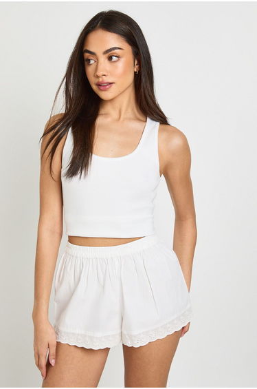 Poplin Broderie Trim Short - white