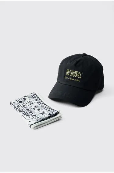 Two-Piece Bandana and Cap Set With Contrast Topstitch & Embroidered Graphic - black