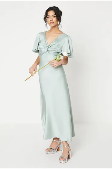 Petite Satin Twist Angel Sleeve Bridesmaids Dress