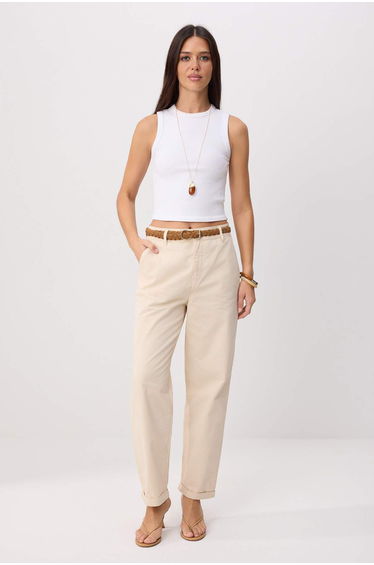 Ecru High Waist Belted Draped Jeans with Leg Detail