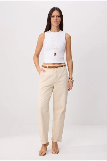 Ecru High Waist Belted Draped Jeans with Leg Detail