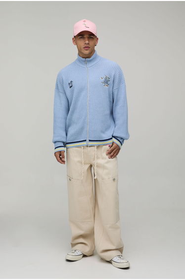 Baggy Rigid Floral Rope Belt Jeans - ecru
