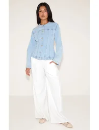 Light Blue Cinched Long Sleeve Denim Jacket - 1