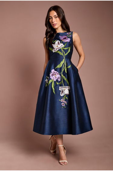 Floral Embroidered Placement Fit And Flare Midi Dress