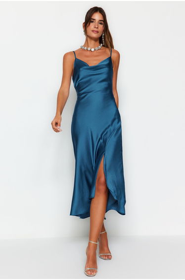 Oil Lined Woven Satin Evening Dress