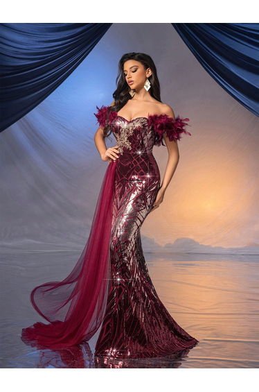 QOQ Noble Temperament Burgundy Floral Decoration One Shoulder Dresses