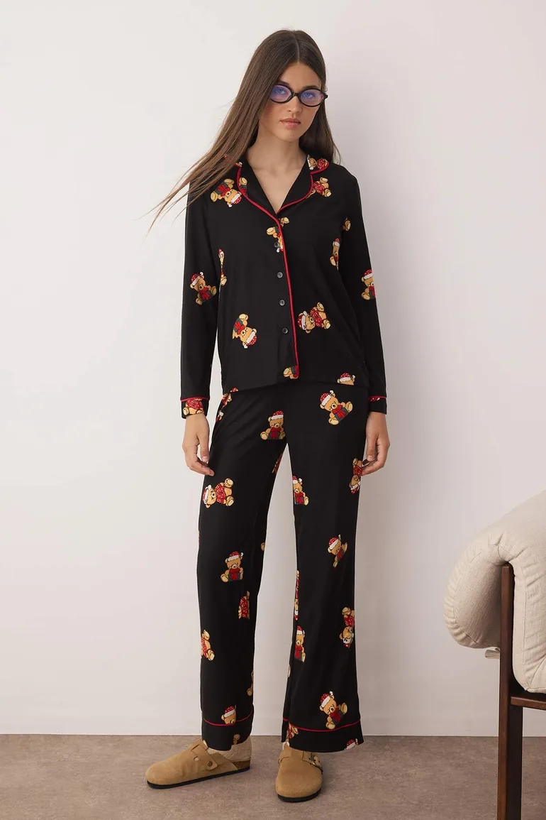 Black New Year's 30/2 open-end jersey knitted pajama set