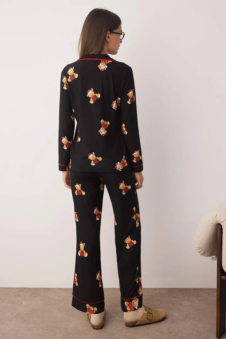 Black New Year's 30/2 open-end jersey knitted pajama set - 1