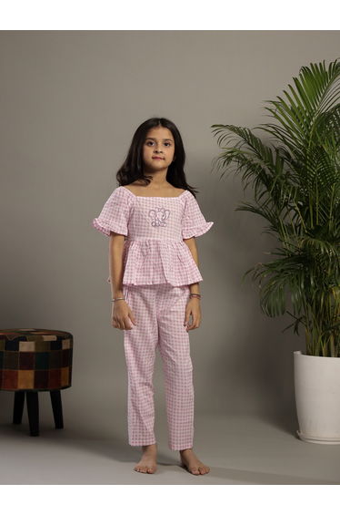 Checked Embroidered Top and Pants Set