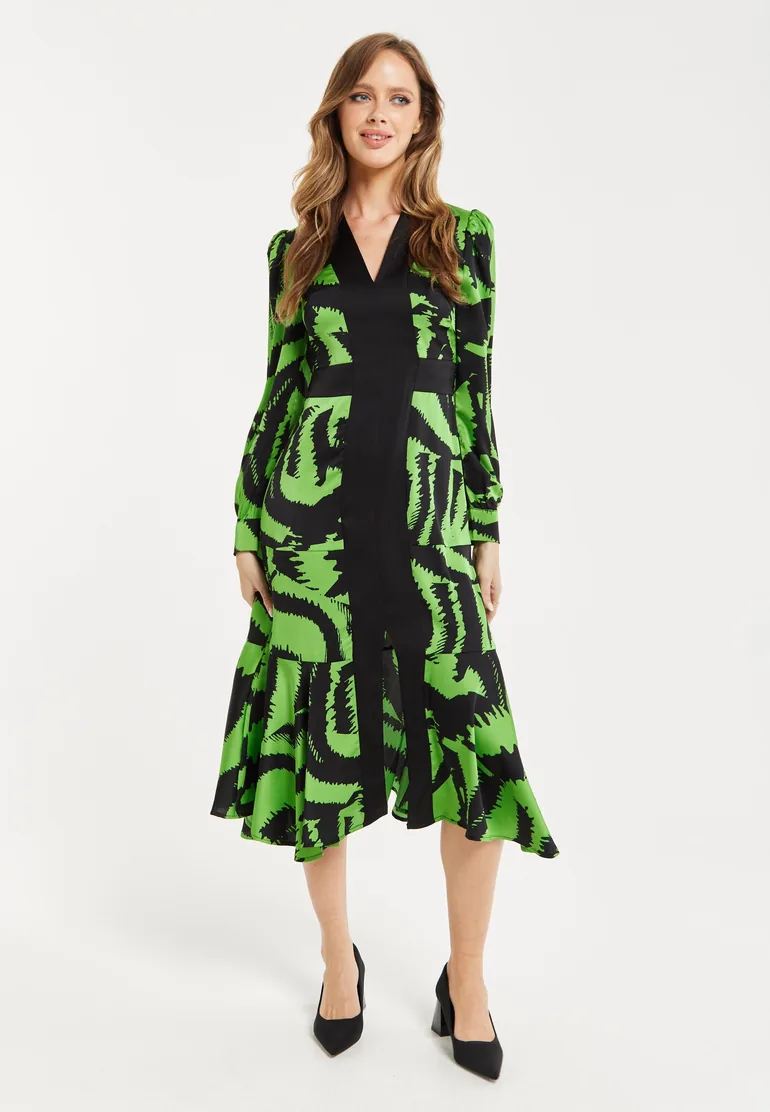 Women's Midi Dress in Zebra Print with Front Slit and Long Sleeves - Stylish Statement Piece by Liquorish - 1