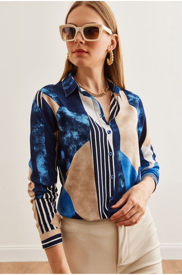 Women's Geometric Navy Blue Woven Viscose Long Sleeve Flowy Shirt